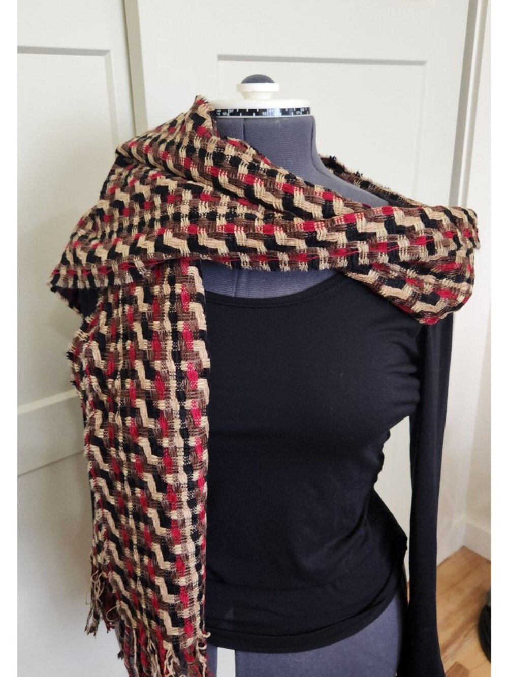 Vintage Woven Fringe Shawl Wrap Scarf In Red, Black, Green & Beige